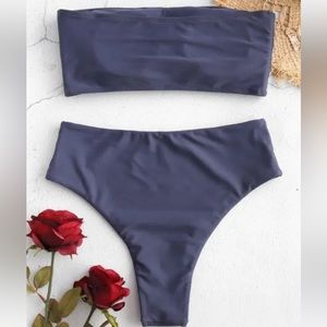 Zaful Blue-Gray High Waisted Bandeau Bikini